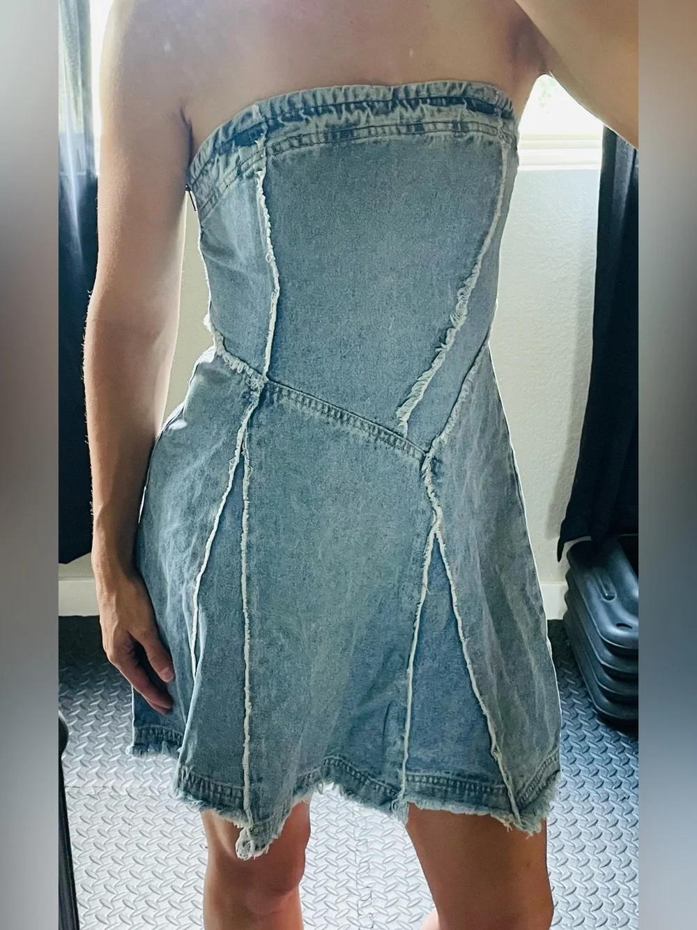 Signature Strapless Raw-Edge Denim Mini Dress in Light Blue